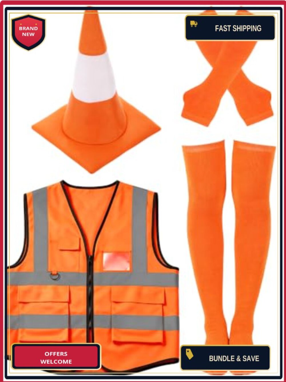 5-Piece Traffic Cone Halloween Costume with Vest & Cone Hat